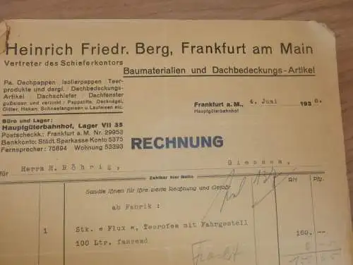 Dachdecker / Schieferkontor - Heinrich Friedrich Berg in Frankfurt a. Main , 1936 , Reklame , altes Dokument !