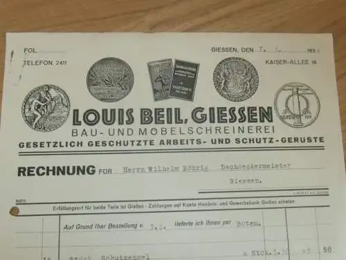 Schreinerei Louis Beil in Gießen , 1934 , Reklame , Giessen , altes Dokument !