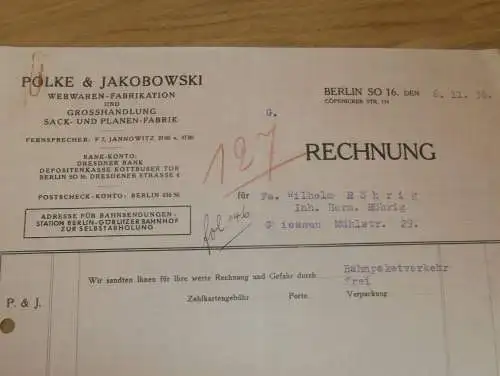 Webwaren-Fabrik Polke & Jakobowski in Berlin , 1936 , Weberei , Reklame , altes Dokument !