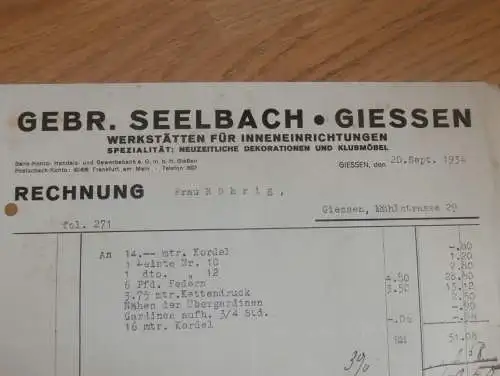 Werkstatt Gebrüder Seelbach in Gießen , 1934 , Reklame , Giessen , altes Dokument !