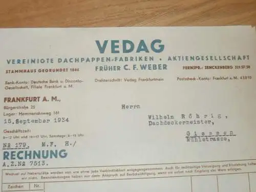 VEDAG - Dachpappenfabrik in Gießen , 1934 , C.F. Weber in Giessen , altes Dokument !
