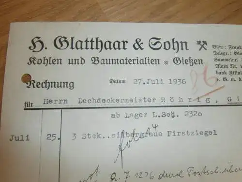 H. Glatthaar & Sohn , 1936 , Gießen / Giessen , altes Dokument !