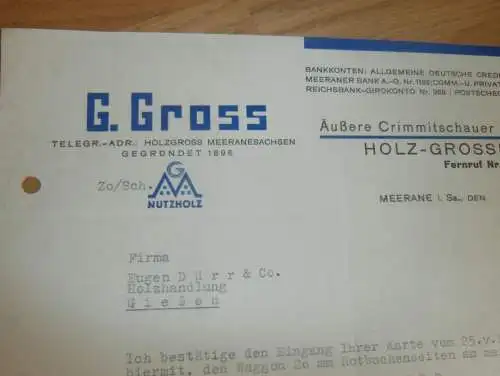 G. Gross in Meerane i. Sa. , 1938 , Holzhandel , Holzbau , Sägewerk , altes Dokument !!!