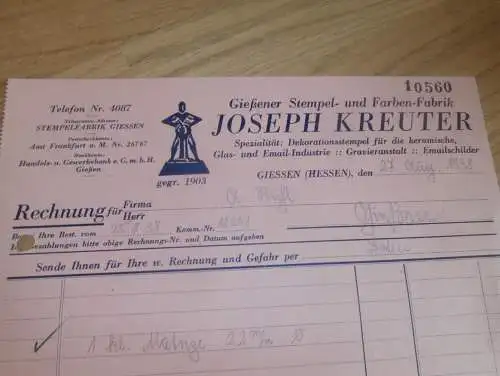 Stempelfabrik Joseph Kreuter in Giessen , 1938 , Stempel , Gießen , altes Dokument !!!
