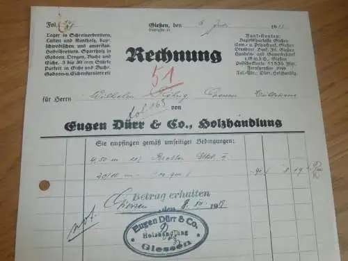 Eugen Dürr in Gießen , 1939 , Holzhandel , Holzbau , altes Dokument !!!