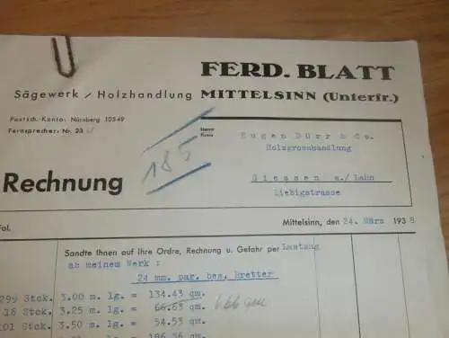Ferdinand Blatt in Mittelsinn , 1938 , Sägewerk , Holzhandel , Holz , altes Dokument !!!