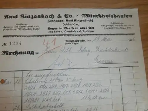 Karl Hinzenbach & Co in Münchholzhausen b. Wetzlar , 1936 , Holzhandel , Holz , altes Dokument !!!