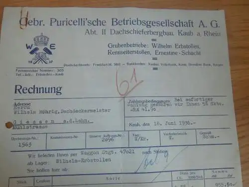 Dachschieferbergbau Gebrüder Puricelli AG , 1936 , Kaub a. Rhein , Bergbau , Wilhelm-Erbstollen , altes Dokument