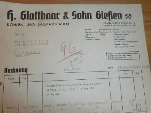 H. Glatthaar & Sohn , 1938 , Gießen / Giessen , altes Dokument !