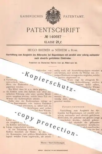original Patent - Hugo Bremer , Neheim / Ruhr  | 1902 | Abbrand bei Bogenlampen | Lampen , Brenner , Elektroden