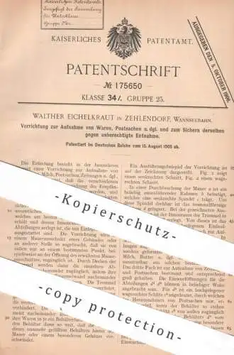 original Patent - Walther Eichelkraut , Berlin / Zehlendorf , Wannseebahn | 1905 | Sicherung von Waren , Post | Tresor