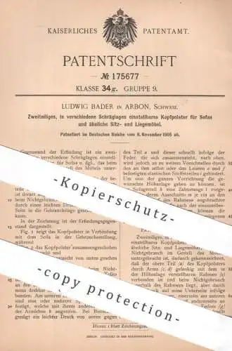 original Patent - Ludwig Bader , Arbon , Schweiz | 1905 | Kopfpolster f. Sofa , Sitzmöbel , Liege , Couch , Bett | Möbel
