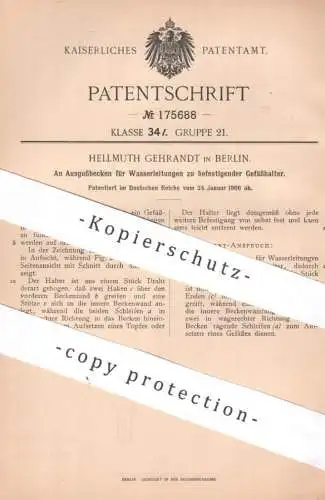original Patent - Hellmuth Gehrandt , Berlin | 1906 | Gefäßhalter an Ausgussbecken für Wasserleitungen | Waschbecken !
