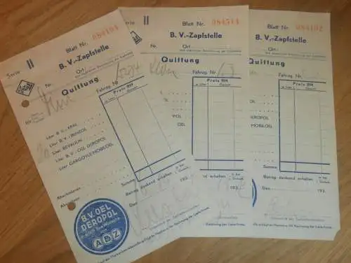 3x B.V. Zapfstelle  - Deropol , 1937 , ARAL Tankstelle , Petroleum , Oel , Öl , Gießen , altes Dokument !