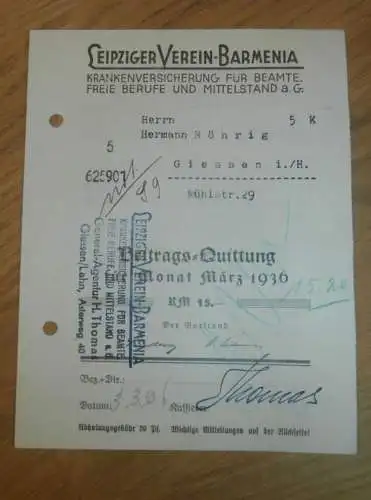 Leipziger Verein Barmenia Versicherung , 1936 , Gießen , Ehemänner zwischen 21 und 50 , altes Dokument !!