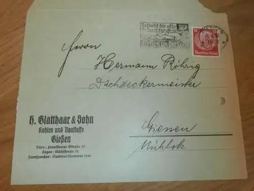 H. Glatthaar & Sohn in Gießen , 1936 , Kohlen und Baustoffe , Bau , Brikett , altes Dokument !!