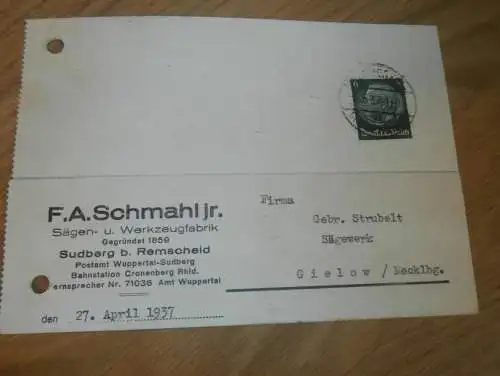 F.A. Schmahl in Sudberg b. Remscheid , 1937 , Werkzeugfabrik , Sägen , altes Dokument !!