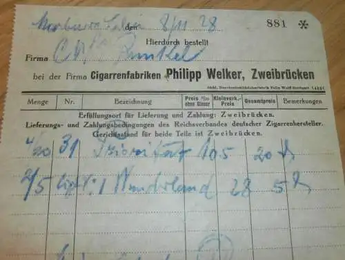 Cigarrenfabrik Philipp Welker in Zweibrücken , 1928 , Cigarren , Tabak , Zigarren , altes Dokument !!