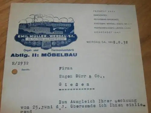 Emil Müller in Werdau i. Sa., 1938 , Möbelbau , Holzbau , Holz  , altes Dokument !!