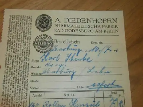 A. Diedenhofen in Bad Godesberg a. Rhein , 1929 , Pharmazie , Bonn , Drogerie , altes Dokument !!