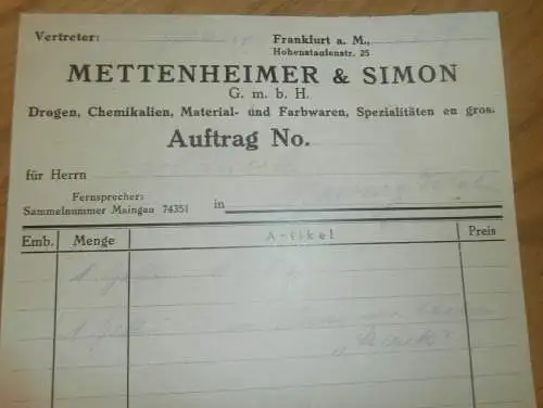 Mettenheimer & Simon in Frankfurt a. Main , 1929 , Drogen , Chemikalien , Drogerie , altes Dokument !!