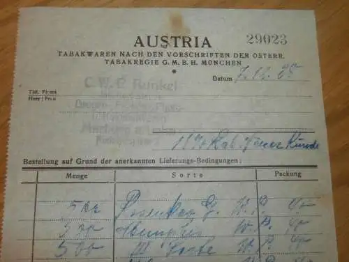 Austria Tabakwaren in München , 1928 , Zigarren , Marburg a.d. Lahn , Tabak ,  altes Dokument !!