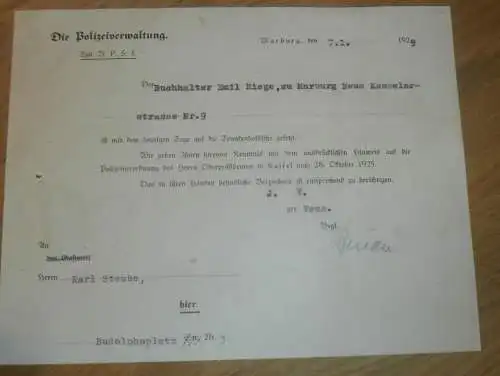 Polizei - Verwaltung Marburg a.d. Lahn , 1929 , Trunkenboldliste , Säufer , Buchhalter Emil Riege , altes Dokument