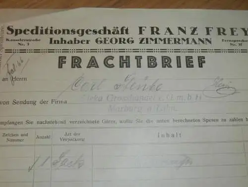 Frachtbrief Spedition Franz Frey in Marburg a. Lahn , 1935 , Edeka Grosshandel , Georg Zimmermann , altes Dokument