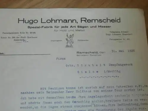 Hugo Lohmann in Remscheid , 1928 , Messerfabrik , Messer , altes Dokument !!