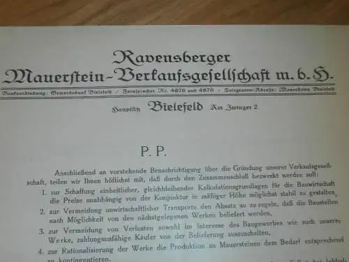 Ravensberger Mauerstein-Verkaufsgesellschaft , 1935 , Bielefeld , Ravensberg , altes Dokument !!