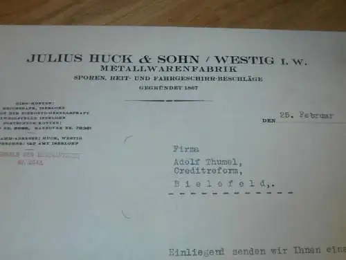 Julius Huck & Sohn in Westig i.W. , 1930 , Metallwarenfabrik , Metallhandel , altes Dokument !!