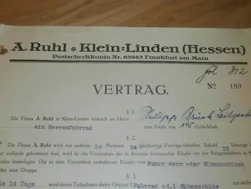 A. Ruhl in Kleinlinden / Leihgestern b. Gießen i. Hessen , 1925 , Fahrrad , Philipp Brück , Linden , altes Dokument !!