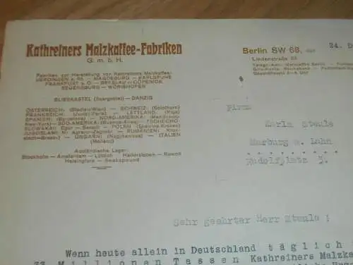Kathreiners Malzkaffee-Fabik in Berlin , 1928 , Kaffee , Karl Steule in Giessen , altes Dokument !!