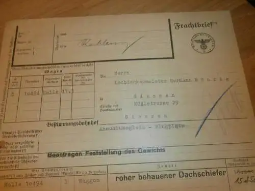 Schiefer-Union , Frachtbrief Frankfurt a. M. , 1939 , Mayen , Giessen Andernach , Stempel , Koblenz , altes Dokument !!