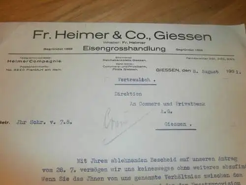 Fr. Heimer & Co in Gießen / Giessen , 1931 , Eisenhandel , Metallbau , altes Dokument !!