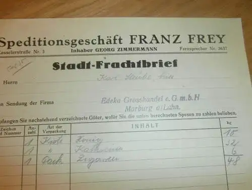 Stadt-Frachtbrief Spedition Franz Frey in Marburg a. Lahn , 1935 , Edeka Grosshandel , Georg Zimmermann , altes Dokument