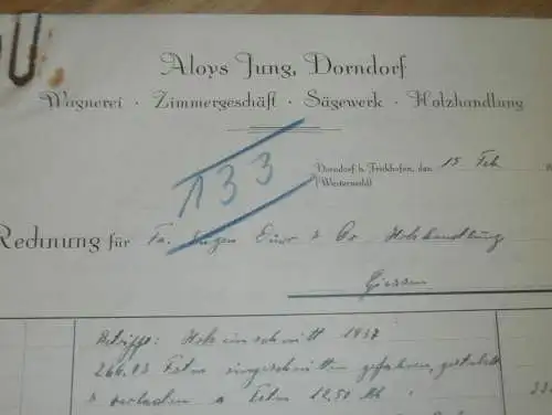 Aloys Jung in Dorndorf , 1938 , Sägewerk , Holzhandel , Holzbau , Holz , altes Dokument !!