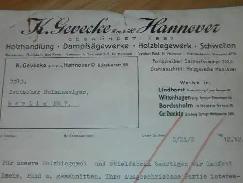 K. Gevecke GmbH in Hannover , 1938 , Holzbau , Holzhandel , Sägewerk , Holz , altes Dokument !!