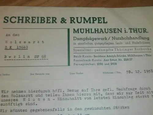 Schreiber & Rumpel in Mühlhausen i. Thüringen , 1938 , Holzbau , Holzhandel , Sägewerk , Holz , altes Dokument !!