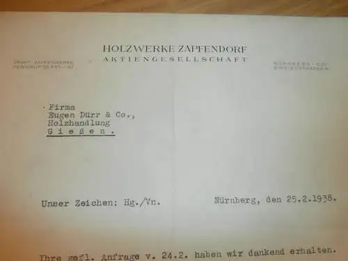 Holzwerke Zapfendorf b. Bamberg , 1938 , Holzbau , Holzhandel , Sägewerk , Holz , altes Dokument !!