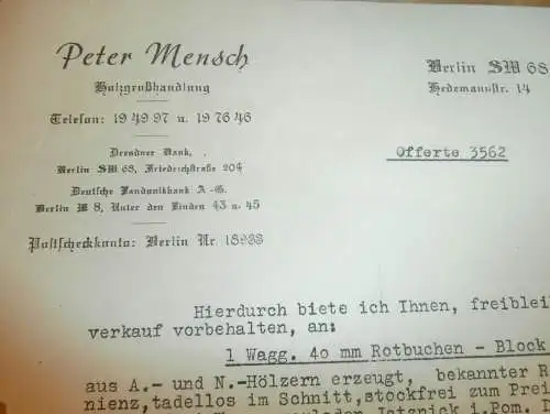 Peter Mensch in Berlin , 1938 , Offerte Holzhandel , Sägewerk , Holz , altes Dokument !!