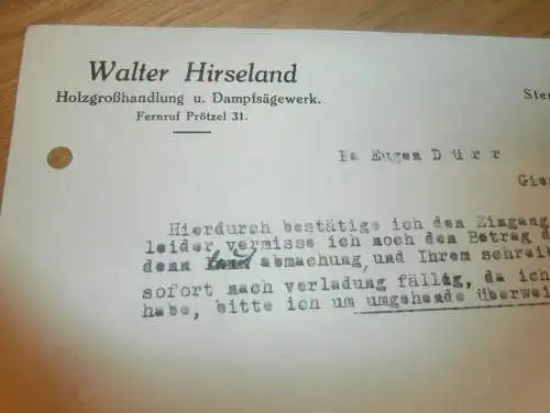 Walter Hirseland in Sternebeck b. Prötzel , 1938 ,  Wriezen , Stempel , Holzhandel , Sägewerk , Holz , altes Dokument !!
