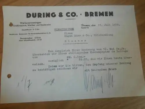 Düring & Co. in Bremen , 1938 , Werft , Reederei , Holzhandel , Sägewerk , Holz , altes Dokument !!!