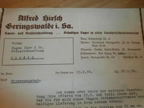 Alfred Hirsch in Geringswalde i.Sa. , 1938 , Holzhandel , Sägewerk , Holz , altes Dokument !!!