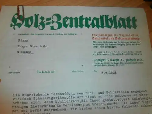 Holz-Zentralblatt in Stuttgart , 1938 , Zeitschrift Holzhandel , Sägewerk , Giessen , altes Dokument !!!
