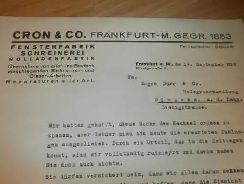 Cron & Co in Frankfurt a.M. , 1938 , Fensterbau , Schreinerei , Rolläden , altes Dokument !!!
