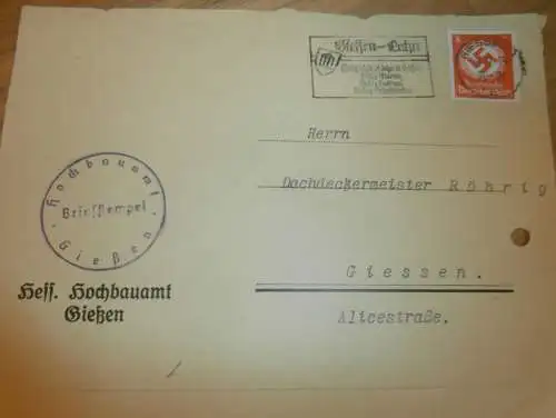 Hochbauamt Gießen  , 1939 , Stempel , Dachdecker , Bauamt , Gießen-Lahn , altes Dokument !!!