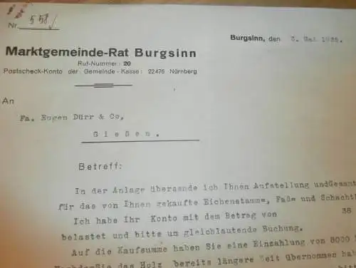 Gemeinde Burgsinn , 1935 , Holzhandel , Holzbau , Holz , Gießen , altes Dokument !!!