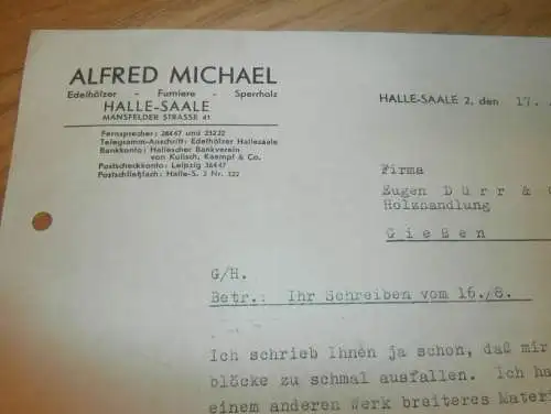 Alfred Michael in Halle a.d. Saale , 1938 , Holzhandel , Holzbau , Holz , Gießen , altes Dokument !!!