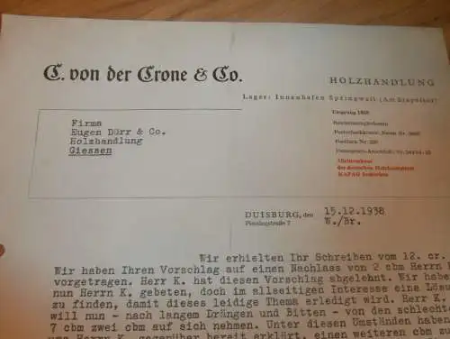 C. von der Crone in Duisburg Innenhafen , 1938 , Holzhandel , Holzbau , Holz , altes Dokument !!!